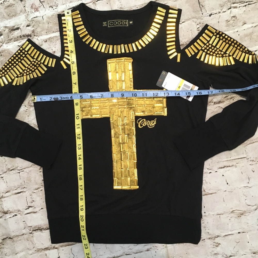 NWT hard to find CooGi black/gold design cold shoulder long sleeve top M. - Picture 4 of 9